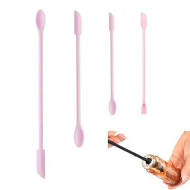 Imagem de Wopanxye 4 mini espátulas de raspador de maquiagem, espátula pequena de silicone para cosméticos, colher de pote longo e fino reutilizável para tirar a última gota, agitador de creme de garrafa para