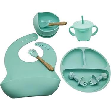 Imagem de Kit Introdução Alimentar Bebe 8 Peças Silicone Iniciação Para Alimentos Livre de BPA Atóxico Antibacteriano Seguro Sem Pontas Colher, Garfo, Copinho, Pote e Pratinho Criança 6 meses (Verde)