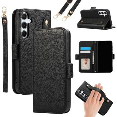 Imagem de Capa de celular com alça de pulso transversal para Samsung Galaxy S24 Ultra S23 S22 Plus S21 FE A05 A05S A55 A35 A15 Carteira com porta-cartões, preta, para Galaxy S23 Plus