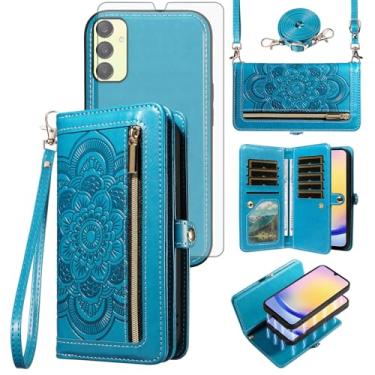 Imagem de Asuwish Capa de celular para Samsung Galaxy A25 5G/A24 4G/M34/F34 /F34 capa de celular destacável com protetor de tela de vidro temperado alça transversal porta-cartão de flores A 25 25A 24A LTE