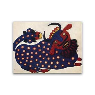Imagem de JZSDGB Impressões famosas de Maria Primachenko - Pintura de artista ucraniana. Impressão em tela - Pôster de arte ingênua - Imagens de arte de parede em tela para decoração de sala de estar (boi azul)