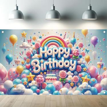 Imagem de Pano de fundo colorido para festa de aniversário, arco-íris, faixa de feliz aniversário com balões, nuvens, decorações de confetes para decoração de fundo de festa infantil, adereços de cabine de
