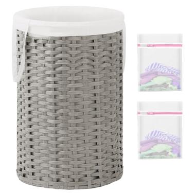 Imagem de SETVSON Cesto de lavanderia grande, redondo, 130 L, cestas de vime feitas à mão, cesta de lavanderia de vime com alças removíveis, 2 sacos de malha para sala de estar, quarto, cinza