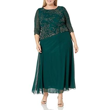 Imagem de J Kara Vestido longo feminino plus size de manga transparente com contas florais, Caçador/mercúrio, 50