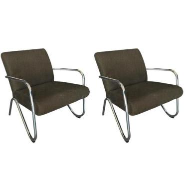 Imagem de Kit 2 Poltronas Decorativa Bela Linho Marrom Braço Cromado - Mansão De