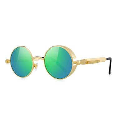 Imagem de MERRY'S Óculos de sol góticos Steampunk para mulheres e homens, armação de metal com lentes redondas S567, Dourado e verde, Free