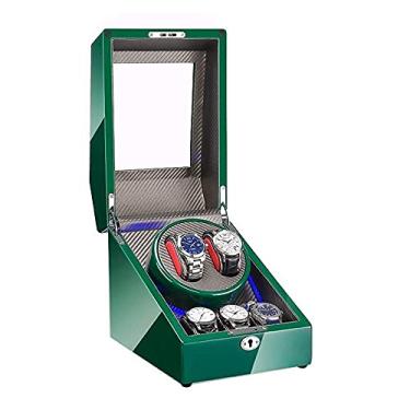 Imagem de Caixa de enrolador de relógio para 2 relógios automáticos + 3 espaços de armazenamento com acabamento de tinta de piano verde embutida com luz LED dupla fonte de alimentação (cinza)