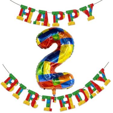 Imagem de Building Block 2nd Birthday Banner with Magic Colorful Block Big Number 2 Balloon Party Supplies Kids Birthday Decorations Bricks Themed Party Decor