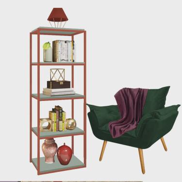 Imagem de Kit Poltrona Fatte com Manta Soft Bordô e Estante Livreiro Ferro Bronze mdf Verde Oliva Suede Verde Musgo - Ahz Móveis