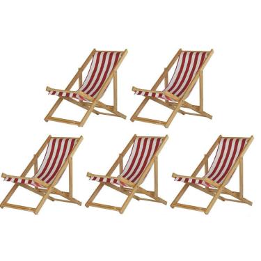 Imagem de Kit 5 Cadeira Madeira Espreguiçadeira Dobrável Sb-list Vermelho-branco