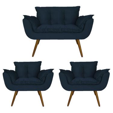 Imagem de Jogo Namoradeira e 2 Poltronas Estofadas Sala de Visitas Opala Suede Azul Marinho - dl Decor