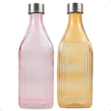 Imagem de Kit 2 Garrafas Quadrada De Vidro Canelado com Tampa 1l Colorida para Geladeira (Rosa e Âmbar)