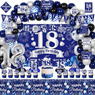 Imagem de FrozzlyFun Decorações De Aniversário 18 Anos Para Meninos, 113 Peças, Azul E Prata, Suprimentos Decoração Festa Homens 15 - Cenário, Faixa, Toalha Mesa, Centro Redemoinhos Pendurados, Placas Parede
