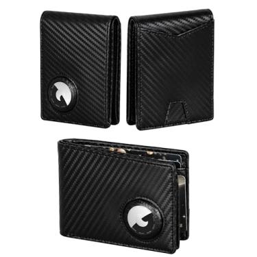 Imagem de Marc Peter Carteira Airtag – Carteira masculina minimalista de couro de flor integral com bloqueio de RFID, compartimento duplo para AirTag com 2 janelas para identidade de até 14 cartões e caixa de