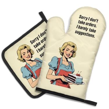 Imagem de DYJYBMY Sorry I Don't Take Orders and I Barely Take Suggestions, conjunto engraçado de luvas de forno e suporte de panela, utensílios de cozinha vintage engraçados para mulheres, presentes de
