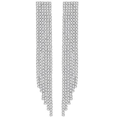 Imagem de Lustre de noiva mecresh prata strass cristal longo borlas brincos pendentes para casamento