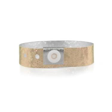 Imagem de Pulseiras de plástico holográficas douradas 100 Wristco para eventos – uso prolongado, cor brilhante evita a reutilização – Pulseiras de grau premium para identificação hospitalar e médica, festa e