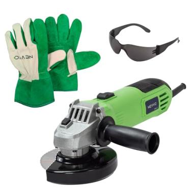 Imagem de Kit Esmerilhadeira Lixadeira Angular 500W 11000 Rpm 127V Com Empunhadeira Auxiliar Corte e Desbaste + Luva de Raspa Vaqueta Multiuso NEVVO + Óculos de Segurança EPI