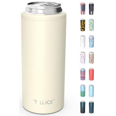 Imagem de TILUCK Cooler skinny para cerveja fina e seltzer duro, aço inoxidável, paredes duplas, latas finas isoladas de aço inoxidável, padrão de 340 g (bege fosco)