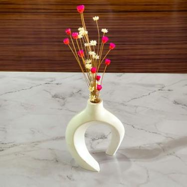 Imagem de Arranjo de Flores Sempre-Vivas Naturais em Vaso Decorativo, 15 cm, Branco com Padrão Art Déco (2)
