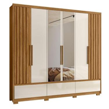 Imagem de Roupeiro Ripado Com Espelho Moscou Freijó Off White