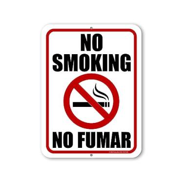 Imagem de Honey Dew Gifts Sinal de proibição de fumar - 23 x 30 cm, feito nos EUA - Sinalização de aviso bilíngue inglês espanhol para edifícios comerciais e comerciais - HDG-1530