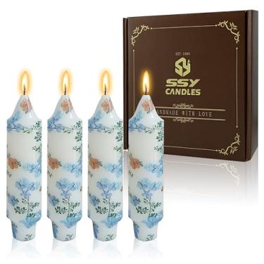 Imagem de Vela curta de 12,7 cm, azul, floral, varas impressas, castiçal feito à mão, sem perfume, velas cônicas de flores azuis para casa, jantar, casamento, férias