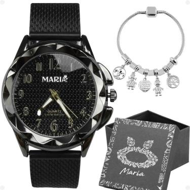 Imagem de Relogio Feminino Aço Inox Prova Dagua + Caixa + Pandora Pulseira Ajustavel Silicone Preto Moda