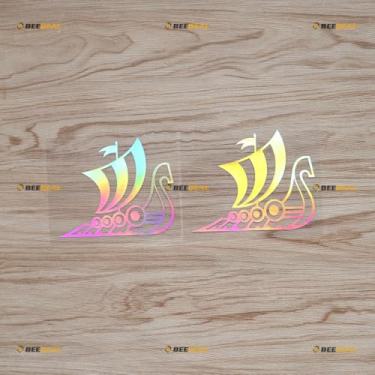 Imagem de Adesivo de vinil para navio viking cabeça de dragão nórdico Odin Nord - pacote com 2 holográficos iridescentes 10 cm - para carro, barco, laptop, copo sem fundo cortado