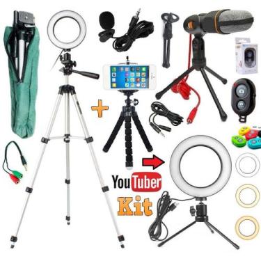 Imagem de Kit Youtuber Profissional Tripé 1,30m Lapela + Microfone Mesa Pc Celul