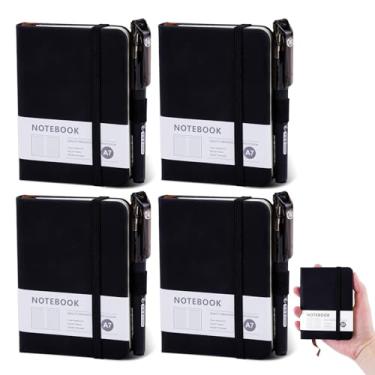 Imagem de Pocket Notebook A7, Small Mini Notepad with Pens, Small Notebooks Pocket Size, Portable Leather Field Notes Journal Diary Lined Notebook with Elastic Band for School Office (200 Pages) (4PCS Black)