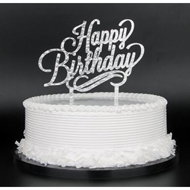 Imagem de Topo de bolo de feliz aniversário, qualidade premium, suprimentos de decoração de festa de aniversário com embalagem de papelão prata