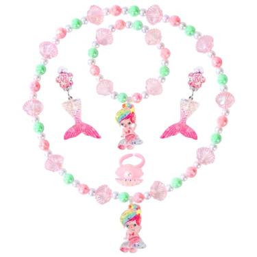 Imagem de BAOBAOJOY Conjunto de 5 peças de joias de sereia para meninas, joias de princesa para meninas, colar elástico, pulseiras, anéis e brincos de encaixe, perfeito para festas de aniversário, fantasia e