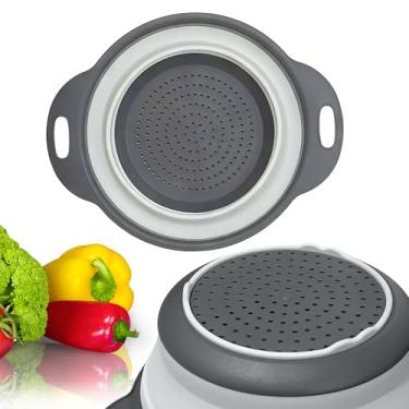 Imagem de Escorredor branco de silicone redondo dobrável – coador de cozinha branco dobrável pequeno escorredor dobrável branco com alças de plástico para drenar vegetais e frutas coador de cozinha de silicone para macarrão