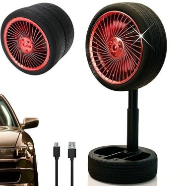 Imagem de Ventilador Portátil Mesa Carro Estilo Pneu Esportivo Luz Noturna LED Ajustável Recarregável USB C 3 Velocidades Compacto Inclinaçao (VERMELHO)