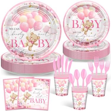 Imagem de Avezano 168 PCS Bear Baby Shower Decorations Pink Bear Plates Napkins Tableware Set for Girls We Can Bearly Wait Baby Shower Supplies, Serves 24