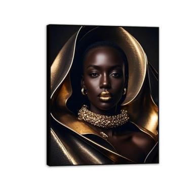 Imagem de Cavnas Africano Americano Arte de Parede Mulher Negra com Colar Emoldurado Pintura Mulher Poster Imagem para Presente Menina Quarto Sala de Estar 80 x 60 cm (32 x 24 pol) Preto Emoldurado