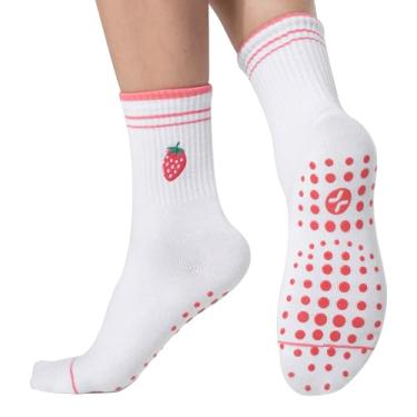 Imagem de COOLMATE Meias de Pilates bordadas para mulheres, lindas meias aderentes para ioga, meias antiderrapantes para pilates, ideia de presente, Morango, 6-10