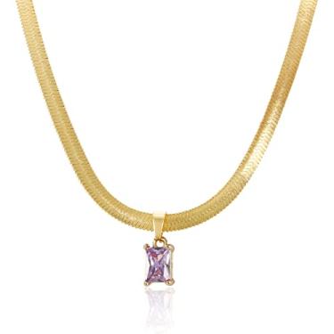 Imagem de JINHUI Colar gargantilha de corrente de cobra banhado a ouro 18 K para mulheres, colar delicado espinha de peixe, esmeralda/azul celeste/turmalina rosa/rubi/ametista/colar de pedra do mês de nascimento de cristal branco, Sem pedras preciosas