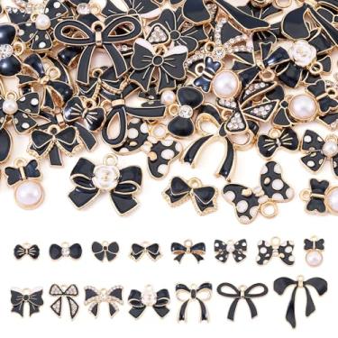 Imagem de Spritewelry Berloques de laço preto de liga esmaltada, berloques variados de metal, pérola, flor, laços, gravata romântica para dia dos namorados, pingentes florais para fazer joias, colar, pulseira