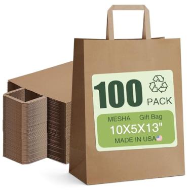 Imagem de MESHA Pacote com 100 sacos de papel Kraft 25 x 12 x 33 cm marrom, grandes sacos de papel de compras com alças a granel para pequenas empresas, sacola de presente, lembrancinhas recicladas de