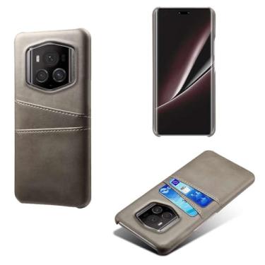 Imagem de Capas Compatível com Honor Magic 6 RSR,Caso de couro PU-Tampa de telefone a prova de choque com 2 slots de cartão,Proteção anti-impressão digital e anti-gota-Grey