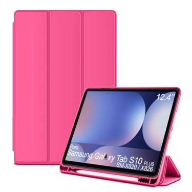 Imagem de Capa Tablet flip para Samsung Galaxy Tab S10+ SM-X820 SM-X826 NZAHZTO Smart pen 12.4 polegadas resistente aveludada compatimento caneta Case capinha Anti Impacto Suporte Pencil - Alamo (Rosa Escuro)
