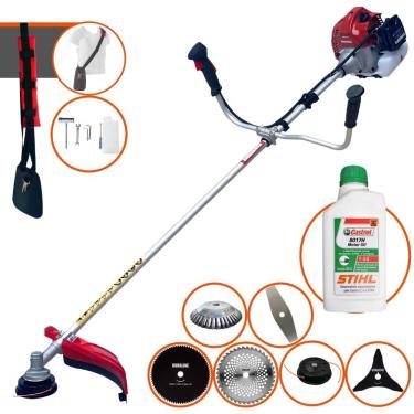 Imagem de Roçadeira Aparador de Grama À Gasolina Kawashima BCJ431-L 43cc 1,7HP 10.000rpm Completo Com Kit 4 Lâminas + Carretel + Escova de Aço + ÓLEO STIHL 2T