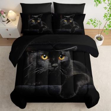 Imagem de AILONEN Jogo de edredom Queen 3D com estampa de gato preto, 7 peças, cama de gatinho escondido em uma bolsa para crianças, meninos e meninas, lençol com elástico e lençol de cima, 2 fronhas, 2 fronhas