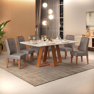 Imagem de Conjunto Sala de Jantar 6 Cadeiras Tampo Sem Vidro 170x90 DJ Móveis Kiara Freijó Quartzo Lidia Veludo Lunar