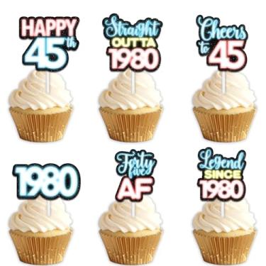 Imagem de 18 peças de topper de cupcake de sobremesa com glitter azul para Straight Outta 1980 Legend Since 1980 suprimentos de decoração temática homens felizes decorações de festa de 45 anos