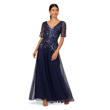 Imagem de Adrianna Papell Vestido longo feminino de malha com contas, Azul-marinho claro, 38