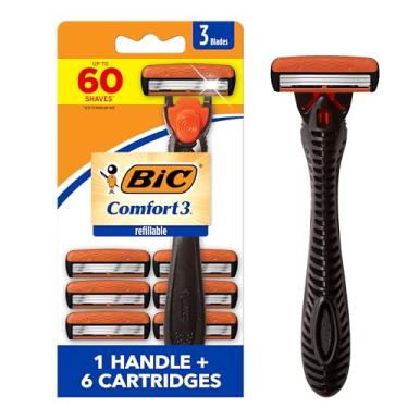 Imagem de BIC Comfort 3 barbeador descartável de três lâminas recarregável para homens, lâmina de pele sensível para um barbear confortável, 1 alça e 6 cartuchos, conjunto de 7 peças