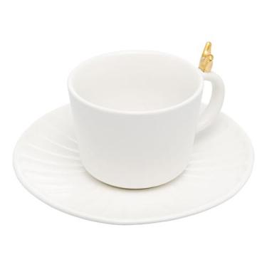Imagem de Jogo 2 xícaras 190 ml para chá de cerâmica branco com pires Colibri Wo